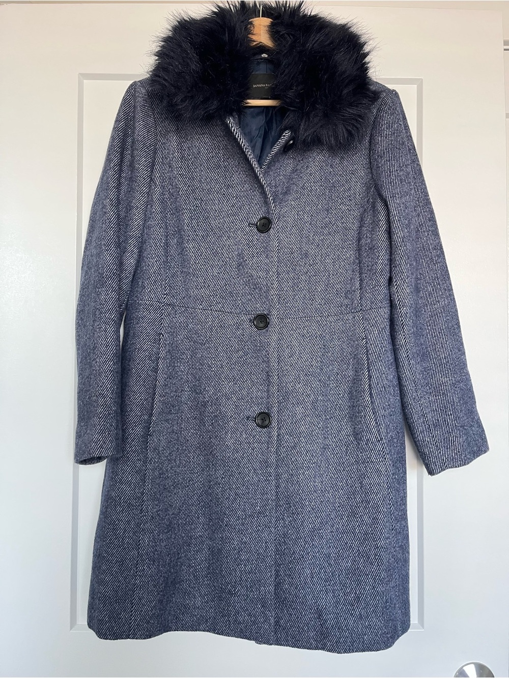 Banana Republic Navy Herringbone Wool-Blend Coat with Black Faux Fur Collar